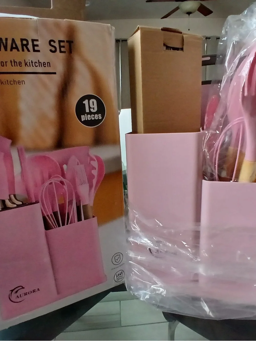 Pink Bamboo-Handle Kitchen Utensil Set with Stand